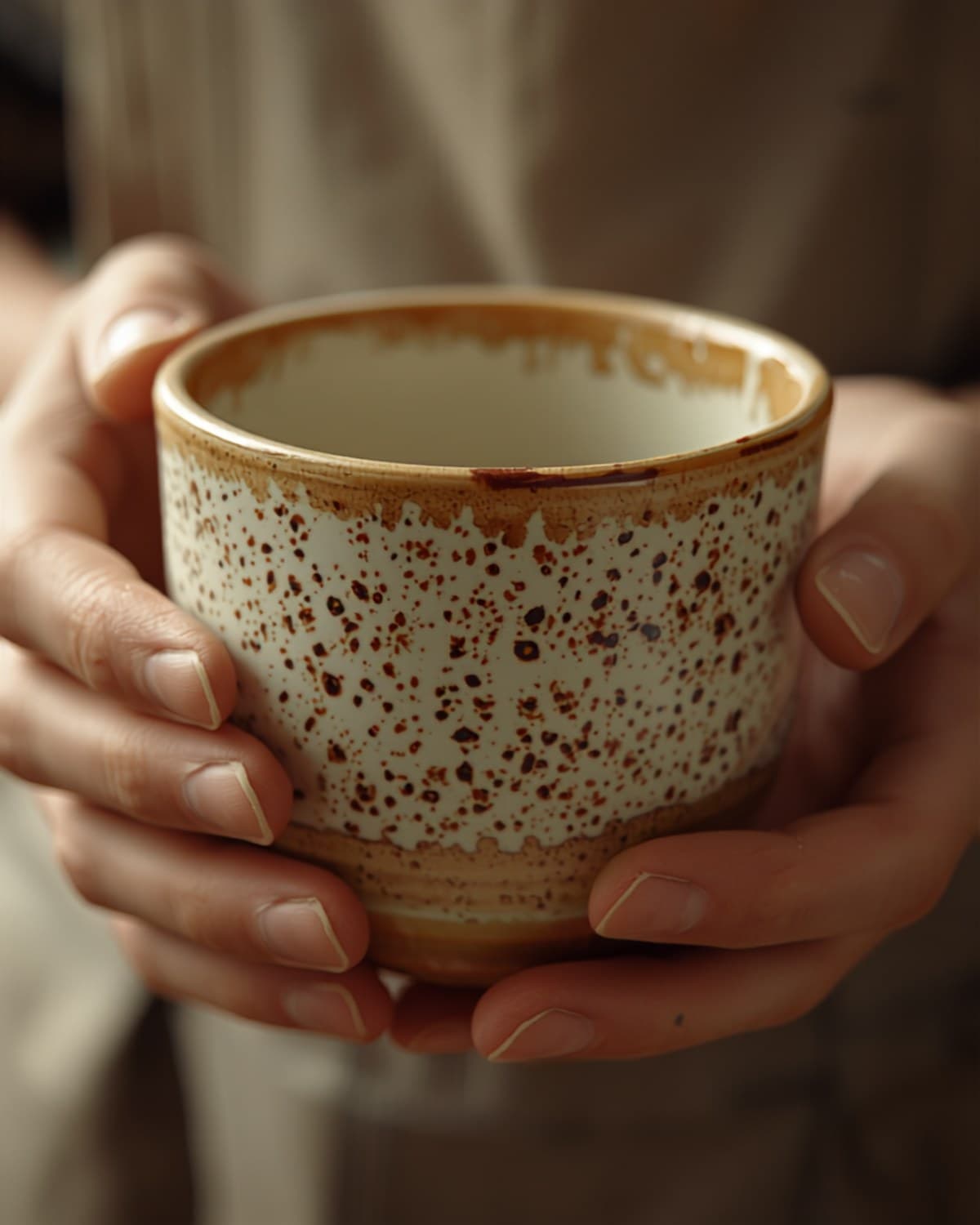 Hands holding the speckled mug