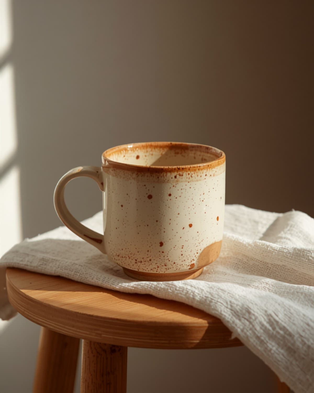 Speckled stoneware mug on a wooden stool